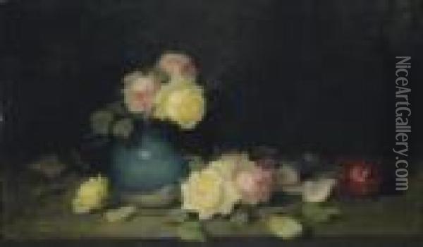 Pink And Yellow Roses In A Green Vase Oil Painting - James Stuart Park
