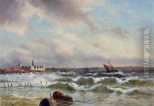 Sailing Boats Along The Coast Of Kronborg Oil Painting - Holger Henrik Herholdt Drachmann