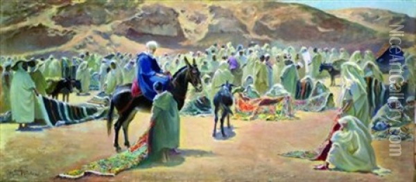 Le Marche Aux Tapis A Souk Al-khamis, Marrakech Oil Painting - Maurice Romberg De Vaucorbeil