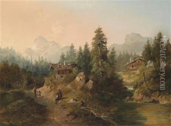 Alpine Landscape With Human And Animal Figures Oil Painting - Gustav Barbarini