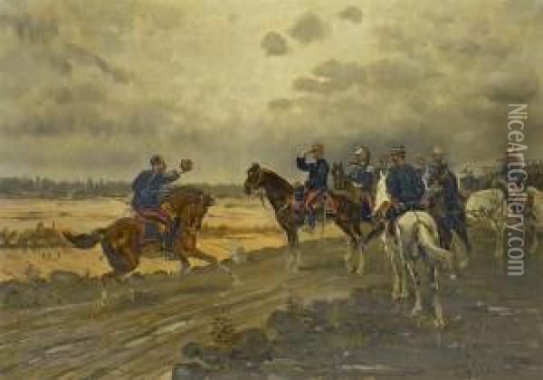 Meldereiter Bringt Franzosischem General Mit Seinem Stab Schlechtenachricht Oil Painting - Jules Vittaly