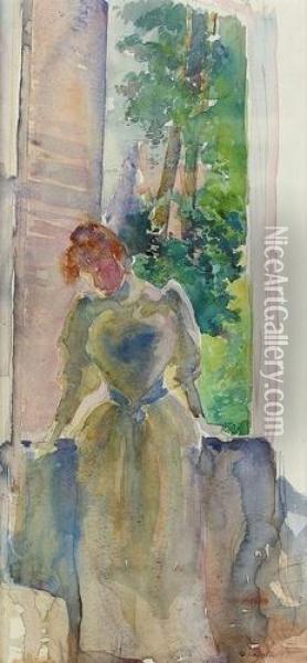 Jeune Femme Au Balcon. Oil Painting - Otto Vautier