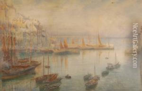 West Country Fishing Harbour Scene Oil Painting - Marshall John Miller