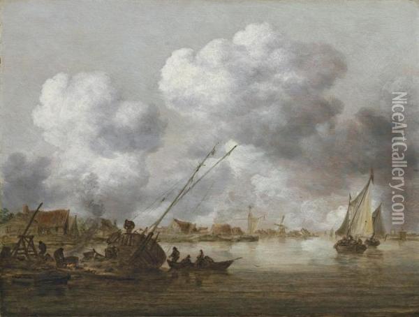 An Estuary With A Small Ship Being Caulked In The Foreground Oil Painting - Jan van Goyen