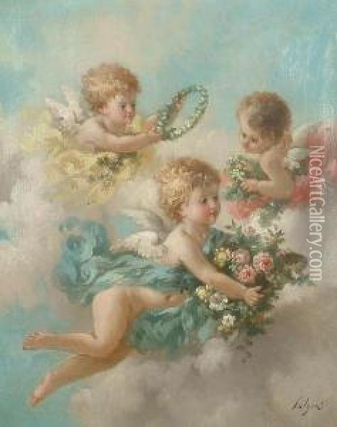 Putto With Garlands Of Flowers Amongst Clouds. Oil Painting - Charles Augustus Henry Lutyens