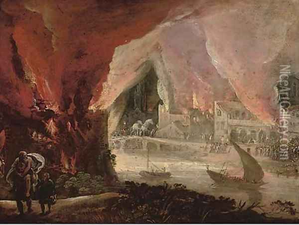 Aeneas fleeing burning Troy with Anchises and Ascanius Oil Painting - Pieter Schoubroeck