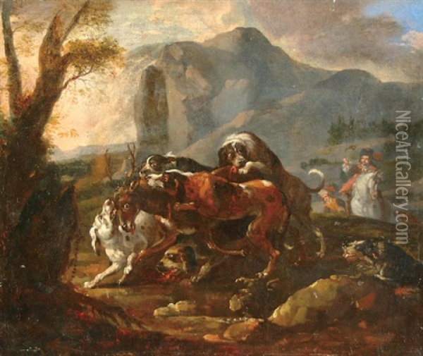 Stag Hunt With Horsemen In Background Oil Painting - Adriaen de Gryef