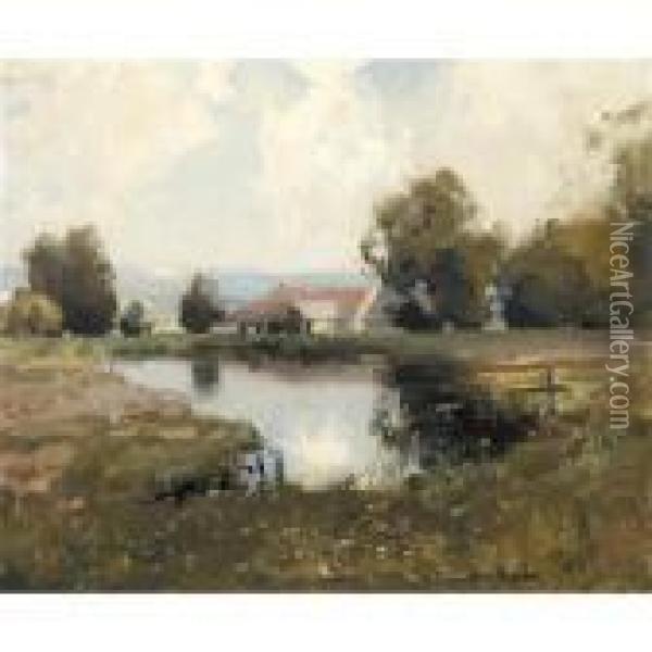 The Duck Pond At Moffat Mill Oil Painting - James Paterson