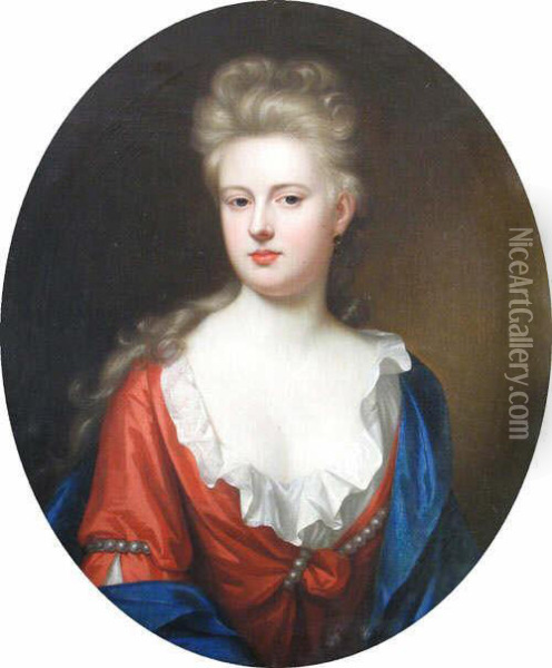 Portrait Of A Lady Wearing A Red Dress, Half Length, Oval Oil Painting - Frederick Kerseboom