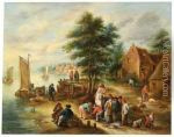 Dutch City On The Bank, A Little Fish Market In The Street Oil Painting - Theobald Michau