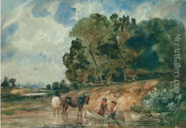 Le Bain Des Chevaux Avec Paris Dans Le Lointain, Vers 1835 Oil Painting - Paul Huet