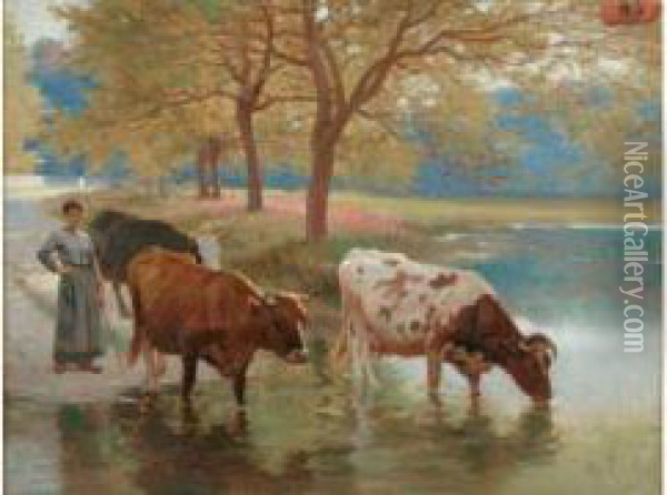  Gardeuse De Vaches Et Son Troupeau A L'abreuvoir  Oil Painting - Edouard Bernard Debat-Ponsan