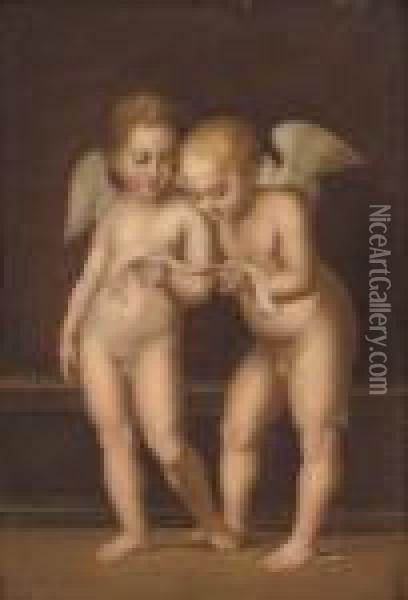 Two Putti Reading Oil Painting - Raphael (Raffaello Sanzio of Urbino)
