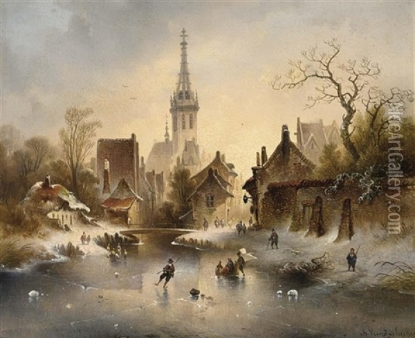 A Winter Landscape With Skaters Near A Village Oil Painting - Charles van den Eycken I