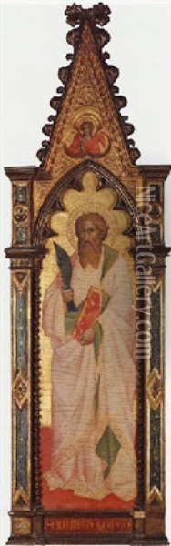 Saint Bartholomew; An Angel In The Trefoil Above Oil Painting - Agnolo di Taddeo Gaddi