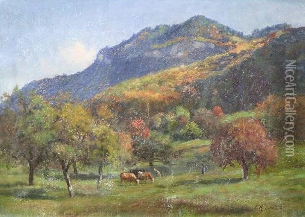 Cows Grazing On A Mountainside Oil Painting - Fritz Edouard Huguenin-Lassauguette