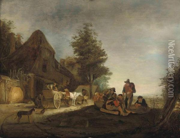 Travellers At Rest By A Cottage Oil Painting - Isaack Jansz. van Ostade