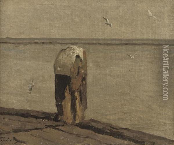 De Meerpaal; A Quiet Sea Oil Painting - Willem Bastiaan Tholen