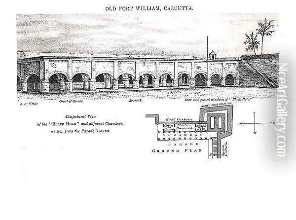 Old Fort William, Calcutta, with a Conjectural View of the 'Black Hole' and Adjacent Chambers as seen from the Parade Ground Oil Painting - Samuel de Wilde