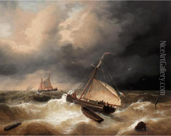A French Fishing Boat In Rough Seas Oil Painting - Louis Verboeckhoven