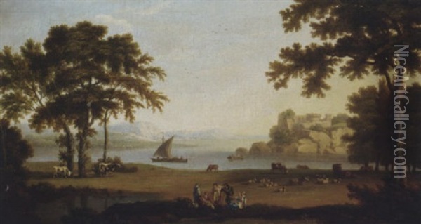 A Landscape With Figures At Rest By Sheep And Cattle, Boating On A Lake And A Hilltop Fort Beyond Oil Painting - Jacob Philipp Hackert