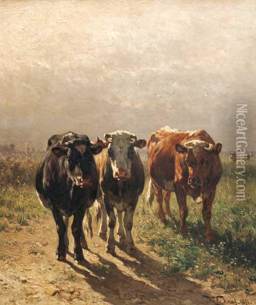 Cows In Pasture
 Oleo Sobre Tabla Oil Painting - Johannes-Hubertus-Leonardus de Haas