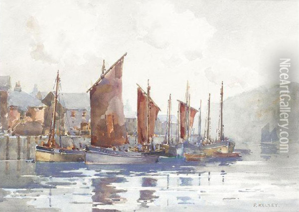 Fishing Boats In A Harbour Oil Painting - Frank Kelsey