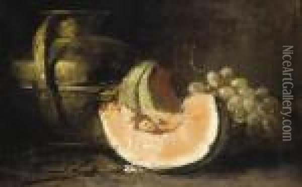 Grapes And A Melon; And A Lobster And A Copper Bowl Oil Painting - Alphonse de Neuville