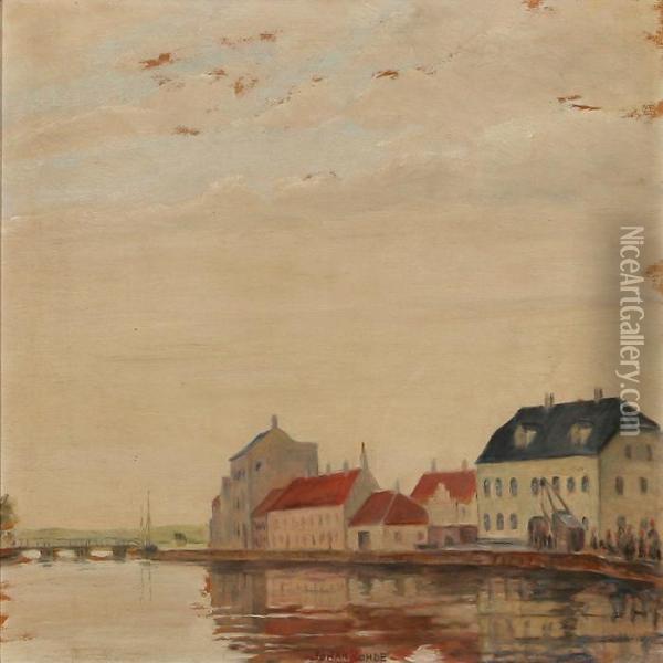 Harbour Scene From Randers, Denmark Oil Painting - Johan Gudmann Rohde