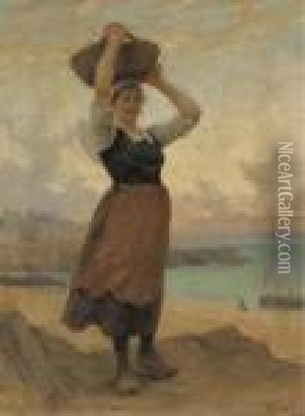 Young Woman On The Beach Oil Painting - Theophile Louis Deyrolle