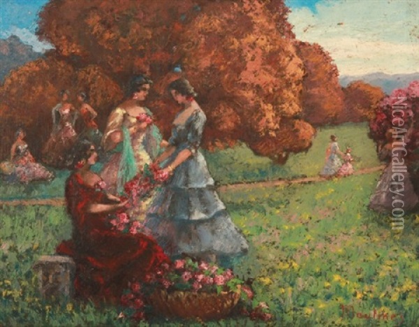Ladies In The Garden Oil Painting - Ernest Moulines