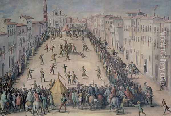 A Game of Football in the Piazza Santa Maria Novella, Florence, 1555 Oil Painting - Giovanni Stradano