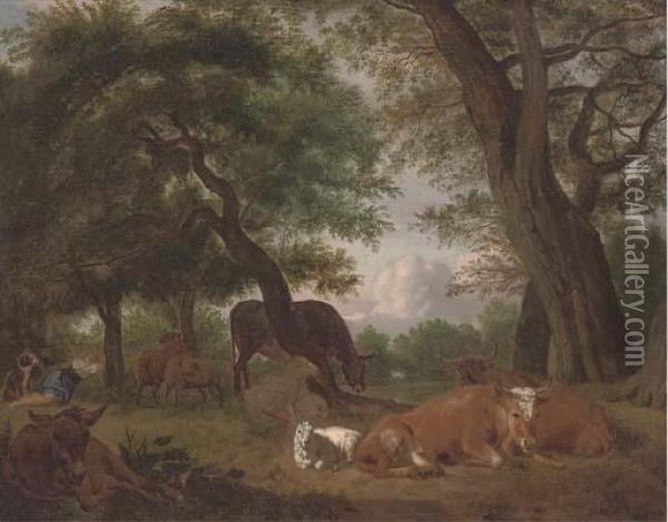 A Wooded Clearing With A Shepherd And Cattle Resting Oil Painting - Michiel Carre