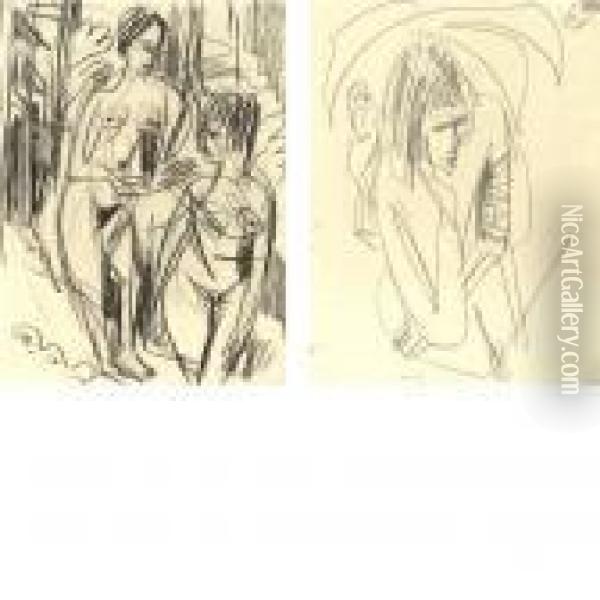 Zwei Weibliche Akte And Portrait Einer Frau: A Double-sided Drawing Oil Painting - Ernst Ludwig Kirchner