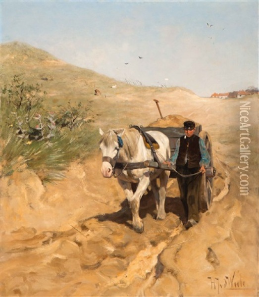 Farmer With Horse And Wagon In The Dunes Oil Painting - Herman Johannes van der Weele