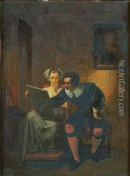 Couple Regardant Un Dessin Dans Un Interieur Oil Painting - Louis Coulon