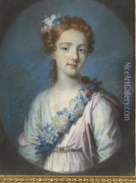 Portrait Of A Young Girl, 
Half-length, In A Pink And White Dress With A Floral Sash, Feigned Oval Oil Painting - Hoare, William, of Bath