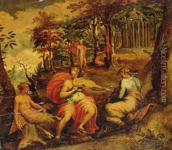A landscape with scenes form the legend of Apollo and Marsyas Oil Painting - Jacopo Bertoia