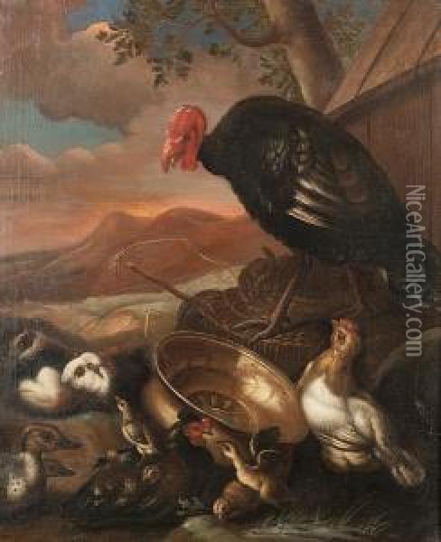 A Turkey And Other Fowl With 
Guinea Pigs In A Farmyard With A Mountainous Landscape Beyond Oil Painting - Angelo Maria Crivelli, Il Crivellone