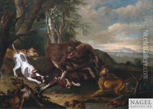 Jagdhunde Attackieren Ein Wildschwein Oil Painting - Johann Elias Ridinger