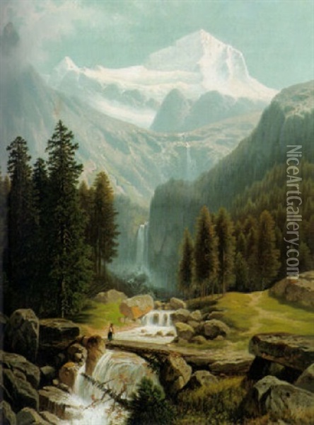 Blick In Das Lauterbacher Tal Mit Wasserfallen Und Jungfrau-massiv An Einem Prachtvollen Sonnigen Sommertag Oil Painting - Theodor (Wilhelm T.) Nocken