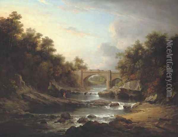 View on the River Almond, near Edinburgh, with Almondell Bridge and a fisherman Oil Painting - Alexander Nasmyth