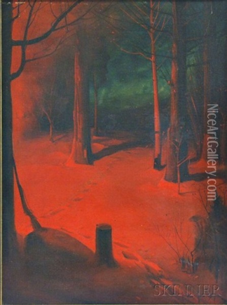 Nocturnal Forest Scene In Winter Oil Painting - Svend Rasmussen Svendsen