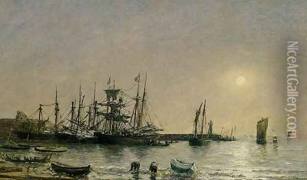 Portrieux, Boats at Anchor in Port Oil Painting - Eugene Boudin