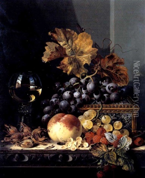 Still Life With Fruit, Glass And A Casket Oil Painting - Edward Ladell