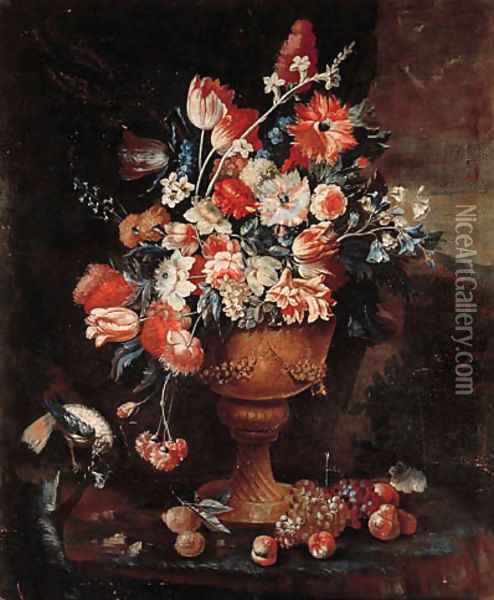 Flowers in a gilt urn with a songbird and fruit strewn on the ground in a landscape Oil Painting - Jan-baptist Bosschaert
