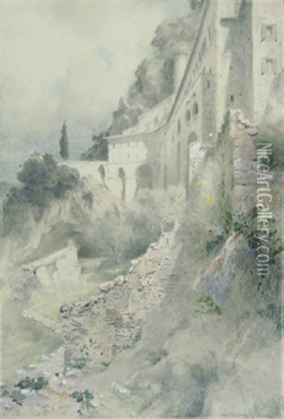 Blick Auf Die Mauern Des Klosters St. Scholastica Im Anio-tal Bei Rom (sketch Of Same, Verso) Oil Painting - Othmar Brioschi