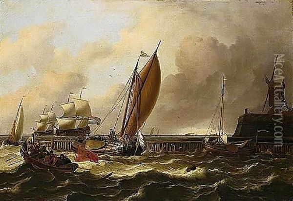 A Seascape With A Jetty And Windmill, A Fishing Boat Flying The Amsterdam Flag And Smalschips On Choppy Seas, Larger Shipping Vessels Beyond And A Lime-kiln On The Horizon Oil Painting - Ludolf Backhuysen