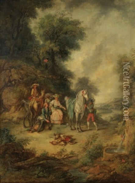 La Halte Des Chasseurs Devant Une Fontaine Oil Painting - Louis-Auguste Brun