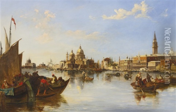Gondolas And Fishing Boats At The Mouth Of The Grand Canal, Venice Oil Painting - Edward Pritchett